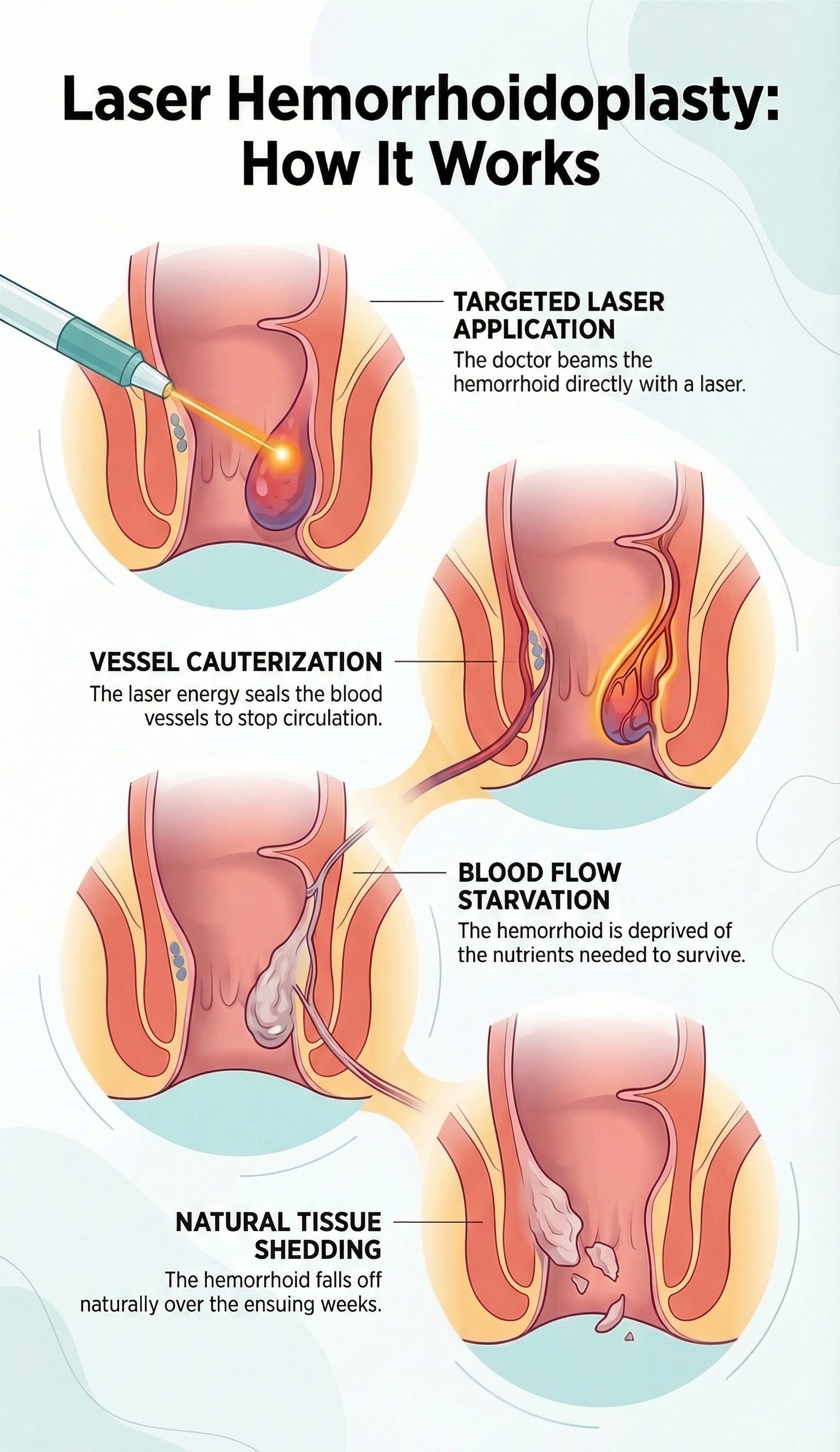 Infographic: Laser Hemorrhoidoplasty steps — targeted laser, vessel cauterization, blood-flow starvation, natural tissue shedding